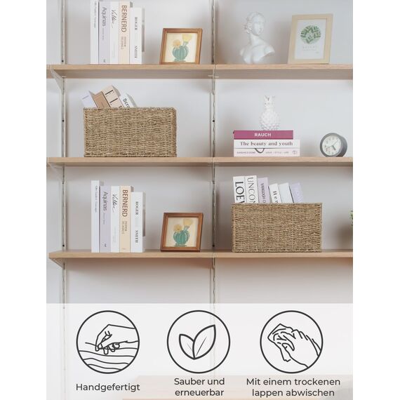 StorageWorks Aufbewahrungskörbe aus Seegras, rechteckige Weidenkörbe Korb für Regal, modern geflochtener Korb aus Seegras, Aufbewahrungsbox geflochten mit Doppelgriff für Geschenke, groß, 2 Stück