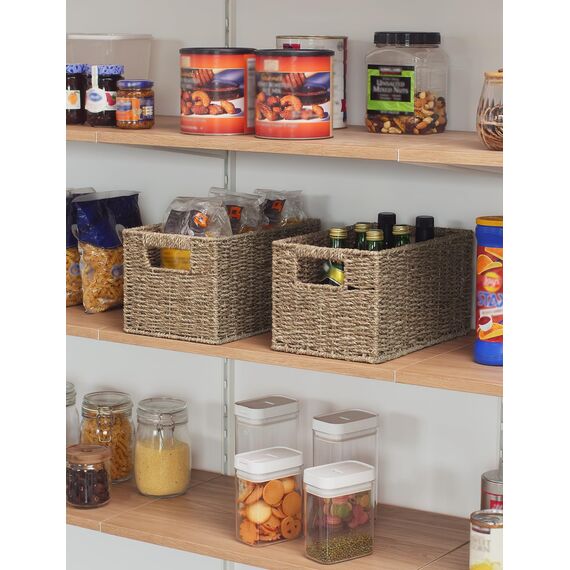 StorageWorks Aufbewahrungskörbe aus Seegras, rechteckige Weidenkörbe Korb für Regal, modern geflochtener Korb aus Seegras, Aufbewahrungsbox geflochten mit Doppelgriff für Geschenke, groß, 2 Stück