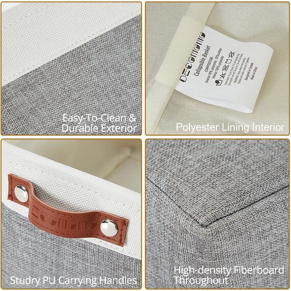 DECOMOMO faltbare Aufbewahrungskorb | robuster Stoffkorb mit Griffen für die Organisation von Regal, Kinderzimmer, Spielzeug, Schrank (Grau und Weiß, Klein - 6er Pack)