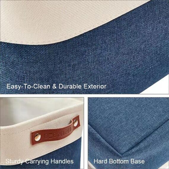DECOMOMO Faltbarer Aufbewahrungskorb | Faltbarer stabiler Stoffkorb mit Griffen für die Organisation von Regal, Kinderzimmer, Spielzeugschrank (marineblau und weiß, groß – 4 Stück)