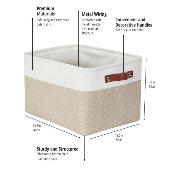 DECOMOMO Faltbarer Aufbewahrungskorb | Faltbarer stabiler Stoffkorb mit Griffen für die Organisation von Regal, Kinderzimmer, Spielzeugschrank (beige und weiß, extra groß – 15,8 x 12,5 x 10–3 Stück)