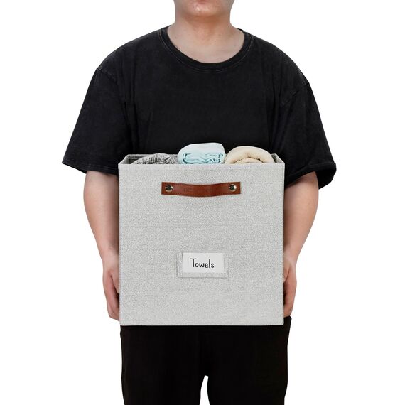 DECOMOMO Aufbewahrungswürfel | Stoff-Aufbewahrungswürfel mit Etikettenhaltern, 33 x 33 x 33 cm, 6 Stück, hellgrau strukturiert, Karton, perfekt für Regale, Schrank, Spielzeug, Kleidung