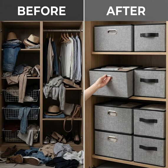 PRANDOM Aufbewahrungsbox,Faltbare Aufbewahrungskorb für Regale, Leinenstoff-Aufbewahrungswürfel mit Leder-/Metallgriffen,38x25x21cm,Aufbewahrungs Boxen, Grau[3-stück]