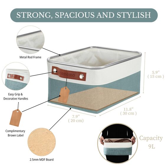 DECOMOMO Kleine Körbe, Aufbewahrungskörbe für die Organisation von Regalen, Wäscheschrank, Badezimmer, Babysachen, Kinderzimmer, Stoff, dekorative leere Körbe für Geschenke, Blaugrün und Weiß, Klein,