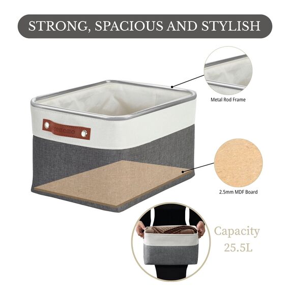 DECOMOMO faltbare Aufbewahrungskorb | robuster Stoffkorb mit Griffen für die Organisation von Regal, Kinderzimmer, Spielzeug, Schrank (Schiefergrau und Weiß, groß–3 Stück)