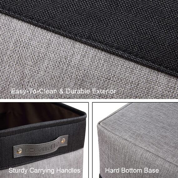 DECOMOMO Faltbarer Aufbewahrungskorb | Faltbarer stabiler Stoffkorb mit Griffen für die Organisation von Regal, Kinderzimmer, Spielzeugschrank (grau und schwarz, groß – 3 Stück)