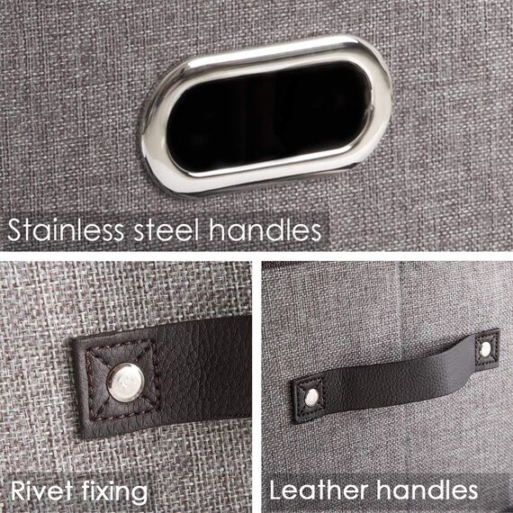 PRANDOM Aufbewahrungsbox,Faltbare Aufbewahrungskorb für Regale, Leinenstoff-Aufbewahrungswürfel mit Leder-/Metallgriffen,38x25x21cm,Aufbewahrungs Boxen, Grau[3-stück]