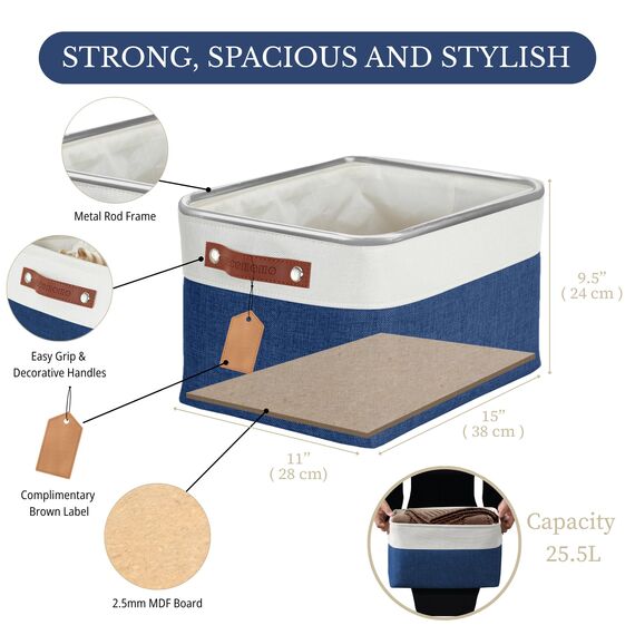 DECOMOMO Faltbarer Aufbewahrungskorb | Faltbarer stabiler Stoffkorb mit Griffen für die Organisation von Regal, Kinderzimmer, Spielzeugschrank (marineblau und weiß, groß – 4 Stück)