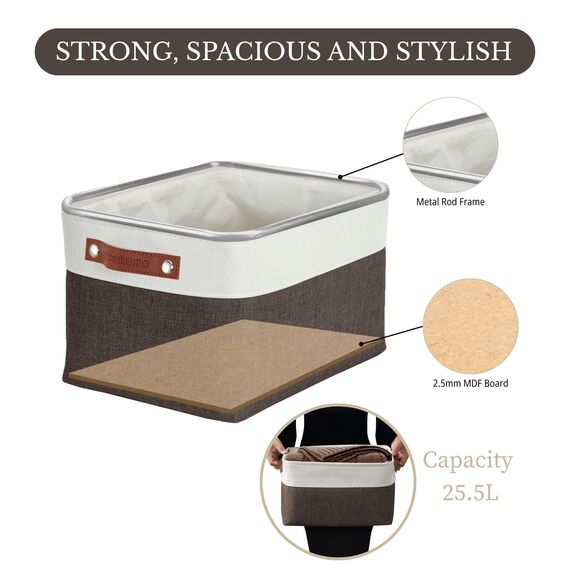 DECOMOMO faltbare Aufbewahrungskorb | robuster Stoffkorb mit Griffen für die Organisation von Regal, Kinderzimmer, Spielzeug, Schrank (Braun und Weiß, groß–3 Stück)