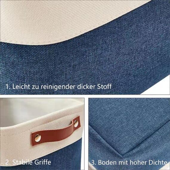 DECOMOMO faltbare Aufbewahrungskorb | robuster Stoffkorb mit Griffen für die Organisation von Regal, Kinderzimmer, Spielzeug, Schrank (Marineblau und Weiß, groß–3 Stück)