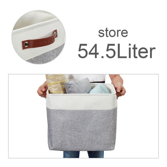 DECOMOMO Faltbarer Aufbewahrungskorb | stabiler kationischer Stoff-Aufbewahrungskorb mit Griffen für die Organisation von Regal, Kinderzimmer, Zuhause, Schrank (grau und weiß, Jumbo) – 3 Stück