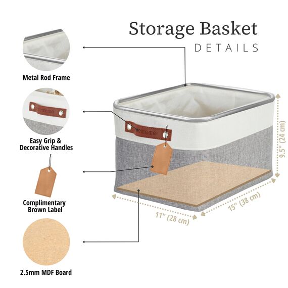DECOMOMO faltbare Aufbewahrungskorb | robuster Stoffkorb mit Griffen für die Organisation von Regal, Kinderzimmer, Spielzeug, Schrank (Grau und Weiß, groß–3 Stück)