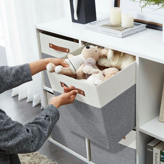 DECOMOMO faltbare Aufbewahrungskorb | robuster Stoffkorb mit Griffen für die Organisation von Regal, Kinderzimmer, Spielzeug, Schrank (Gray and white, 33cm – 4 Stück)