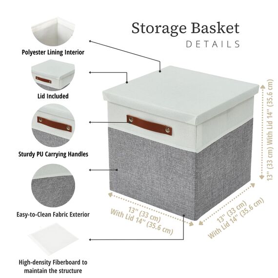 DECOMOMO Aufbewahrungsboxen mit Deckel, Aufbewahrungswürfel, 33 x 33 x 33 cm, Stoff-Organizer, Aufbewahrung für Kleiderschrank, Spielzeug, Regale, Büro, Zuhause und Kinderzimmer (Grau und Weiß