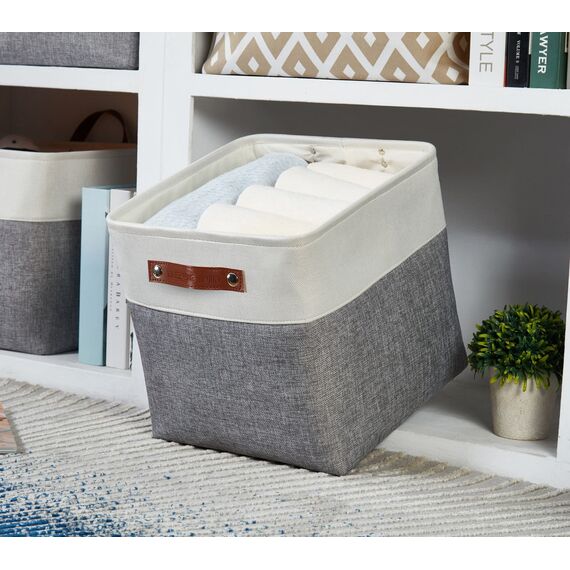 DECOMOMO Faltbarer Aufbewahrungskorb | stabiler kationischer Stoff-Aufbewahrungskorb mit Griffen für die Organisation von Regal, Kinderzimmer, Zuhause, Schrank (grau und weiß, Würfel – 12 x 12–4 Stück