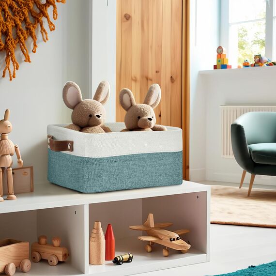DECOMOMO Kleine Körbe, Aufbewahrungskörbe für die Organisation von Regalen, Wäscheschrank, Badezimmer, Babysachen, Kinderzimmer, Stoff, dekorative leere Körbe für Geschenke, Blaugrün und Weiß, Klein,