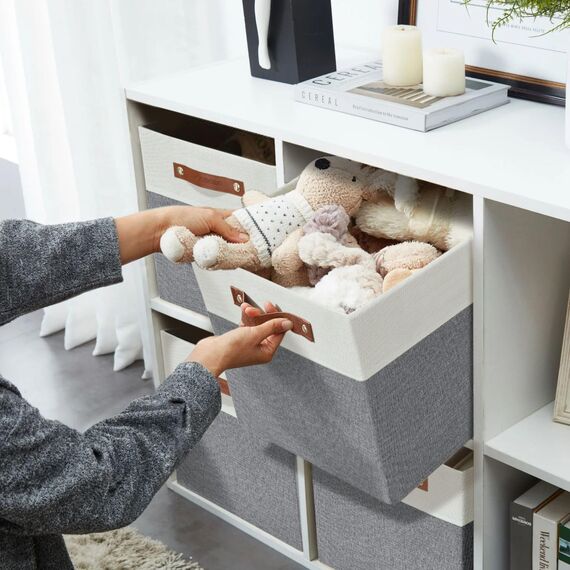 DECOMOMO faltbare Aufbewahrungskorb | robuster Stoffkorb mit Griffen für die Organisation von Regal, Kinderzimmer, Spielzeug, Schrank (Gray and white, 30.5cm – 4 Stück)