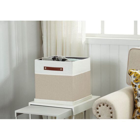 DECOMOMO Cube storage baskets | Cloth Storage Cubes with Lids Closet Organizer Cubby Boxes for Shelves Fabric Nursery Decorative Basket with Handles (Beige and White, 11" x 11" x 11")