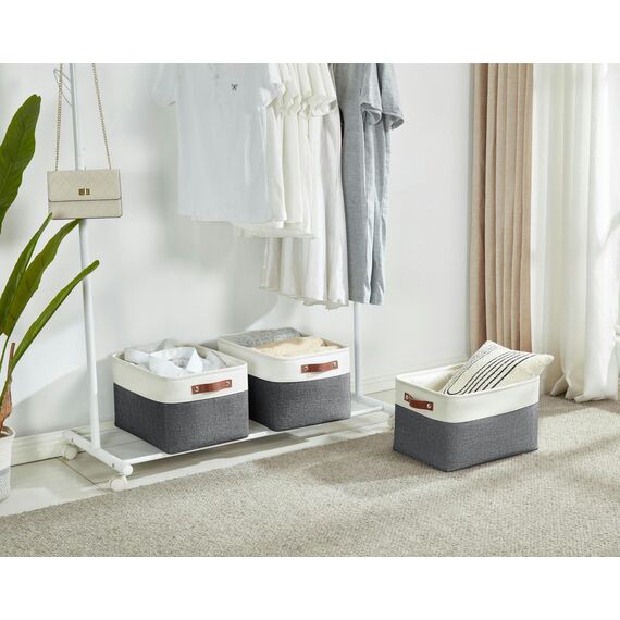 DECOMOMO faltbare Aufbewahrungskorb | robuster Stoffkorb mit Griffen für die Organisation von Regal, Kinderzimmer, Spielzeug, Schrank (Schiefergrau und Weiß, groß–3 Stück)