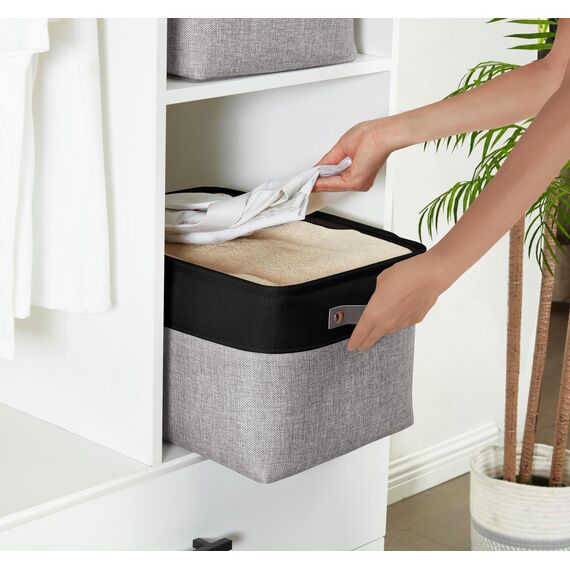 DECOMOMO Faltbarer Aufbewahrungskorb | Faltbarer stabiler Stoffkorb mit Griffen für die Organisation von Regal, Kinderzimmer, Spielzeugschrank (grau und schwarz, groß – 3 Stück)