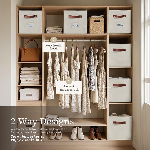 DECOMOMO Aufbewahrungskörbe, würfelförmiger Aufbewahrungsbehälter mit Etiketten, Stoff-Aufbewahrungswürfel für Regale (26,7 x 27,9 cm/6 Stück, Beige)