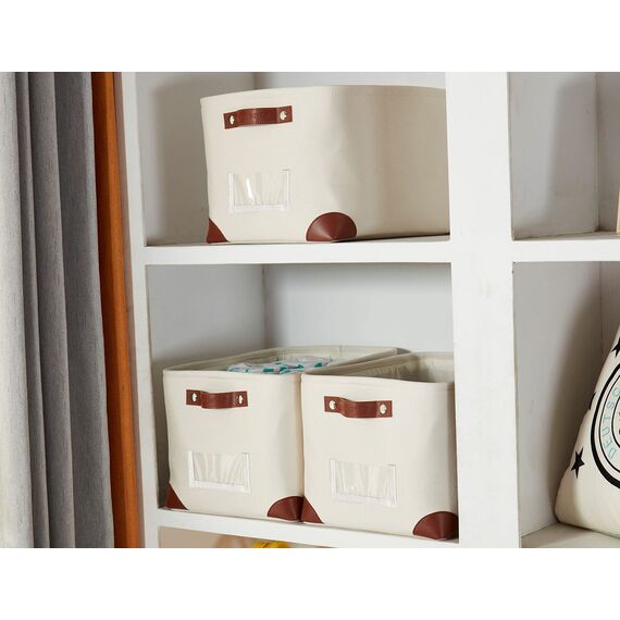 DECOMOMO Faltbarer Aufbewahrungskorb mit Etikettenhalter, stabiler kationischer Stoff-Aufbewahrungskorb Griffen für die Organisation von Regal, Kinderzimmer, Zuhause, Schrank, (cremeweiß, groß – 15