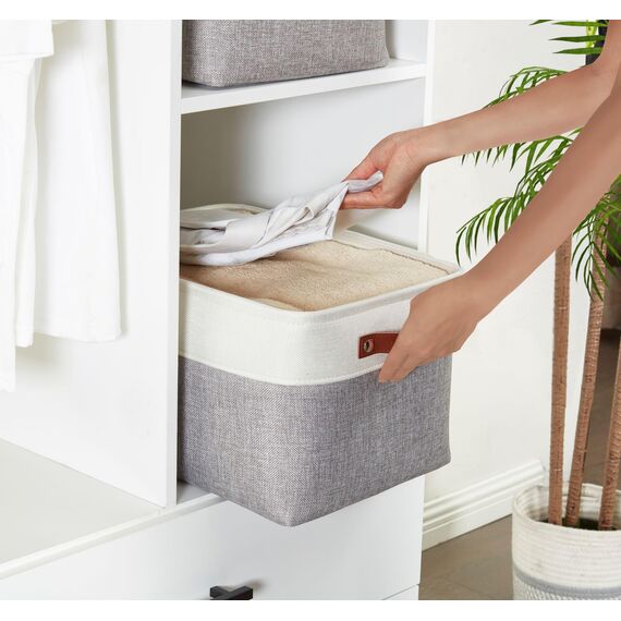 DECOMOMO faltbare Aufbewahrungskorb | robuster Stoffkorb mit Griffen für die Organisation von Regal, Kinderzimmer, Spielzeug, Schrank (Grau und Weiß, groß–4 Stück)