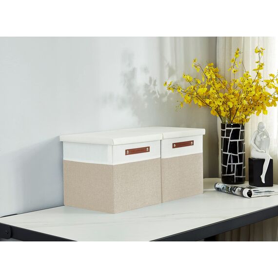 DECOMOMO Cube storage baskets | Cloth Storage Cubes with Lids Closet Organizer Cubby Boxes for Shelves Fabric Nursery Decorative Basket with Handles (Beige and White, 11" x 11" x 11")