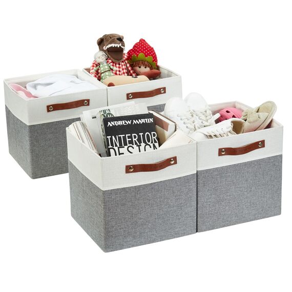 DECOMOMO faltbare Aufbewahrungskorb | robuster Stoffkorb mit Griffen für die Organisation von Regal, Kinderzimmer, Spielzeug, Schrank (Gray and white, 33cm – 4 Stück)