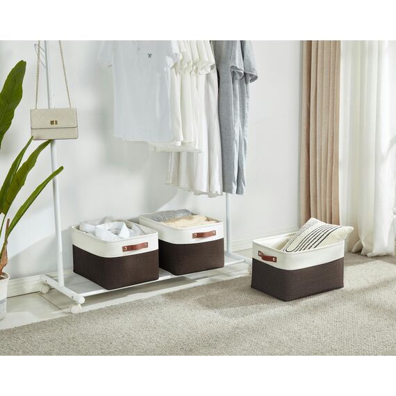 DECOMOMO Faltbarer Aufbewahrungskorb | Faltbarer stabiler Stoffkorb mit Griffen für die Organisation von Regal, Kinderzimmer, Spielzeugschrank (braun und weiß, extra groß – 15,8 x 12,5 x 10–3 Stück)