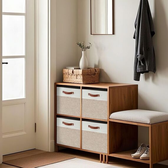 DECOMOMO Cubby Aufbewahrungskörbe | 33 x 38,1 x 33 cm Stoff-Aufbewahrungswürfel für Kallax-Regale, Stoff, Kinderzimmer, dekorativ mit Griffen (beige und weiß, 33 x 38,1 x 33 cm, 3P)