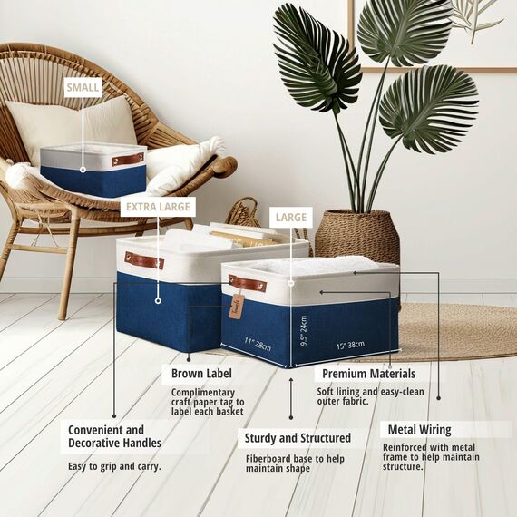 DECOMOMO Faltbarer Aufbewahrungskorb | Faltbarer stabiler Stoffkorb mit Griffen für die Organisation von Regal, Kinderzimmer, Spielzeugschrank (marineblau und weiß, groß – 4 Stück)