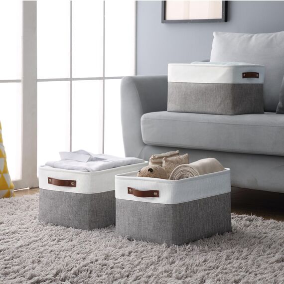 DECOMOMO Faltbarer Aufbewahrungskorb | stabiler Stoffkorb mit Griffen für die Organisation von Regal, Kinderzimmer, Spielzeugschrank (grau und weiß, extra groß, 40,1 x 31,8 25,4 cm – 4 Stück