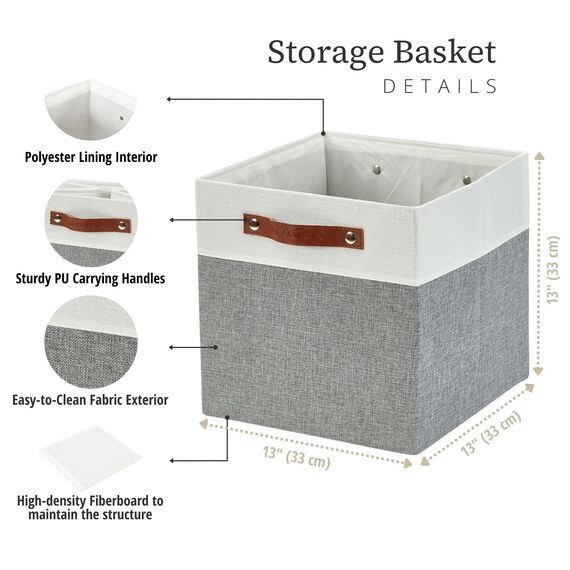 DECOMOMO faltbare Aufbewahrungskorb | robuster Stoffkorb mit Griffen für die Organisation von Regal, Kinderzimmer, Spielzeug, Schrank (Gray and white, 33cm – 4 Stück)