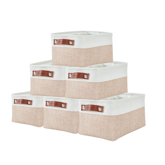 DECOMOMO Faltbarer Aufbewahrungskorb aus robustem kationischem Stoff, würfelförmig, mit Griffen, für die Organisation von Regal, Schrank (beige und weiß, klein – 30 x 20 x 15 cm – 6 Stück)
