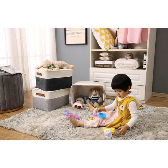 DECOMOMO Faltbarer Aufbewahrungskorb | Faltbarer stabiler Stoffkorb mit Griffen für die Organisation von Regal, Kinderzimmer, Spielzeugschrank (gemischt, neutral, groß – 15 x 11 x 9,5 – 3 Stück)