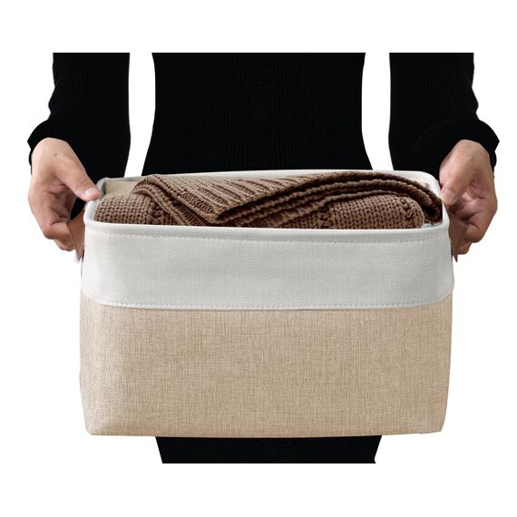 DECOMOMO Faltbarer Aufbewahrungskorb | Faltbarer stabiler Stoffkorb mit Griffen für die Organisation von Regal, Kinderzimmer, Spielzeugschrank (beige und weiß, extra groß – 15,8 x 12,5 x 10–3 Stück)