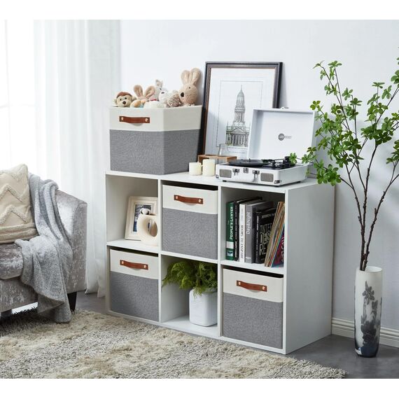 DECOMOMO faltbare Aufbewahrungskorb | robuster Stoffkorb mit Griffen für die Organisation von Regal, Kinderzimmer, Spielzeug, Schrank (Gray and white, 33cm – 4 Stück)