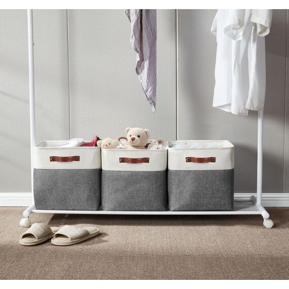 DECOMOMO faltbare Aufbewahrungskorb | robuster Stoffkorb mit Griffen für die Organisation von Regal, Kinderzimmer, Spielzeug, Schrank (Grau und Weiß, Würfel 28cm - 4er Pack)