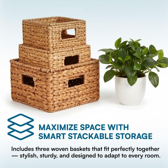 Honey-Can-Do DREI gewebte Aufbewahrungskörbe aus Wasserhyazinthe mit Griffen, Bananenblatt, Stahl, Natur, 3-Pack, 3 (Packung mit 3)