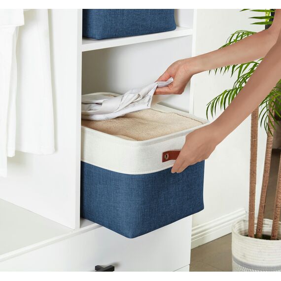 DECOMOMO Faltbarer Aufbewahrungskorb | Faltbarer stabiler Stoffkorb mit Griffen für die Organisation von Regal, Kinderzimmer, Spielzeugschrank (marineblau und weiß, groß – 4 Stück)