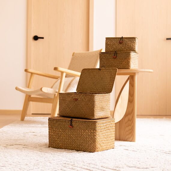 Rattankorb Aufbewahrungskorb aus Seegras, Natürlicher Geflochten Korb mit Deckel, Rechteckige Weidenkorb Aufbewahrungsbox, 4er Set