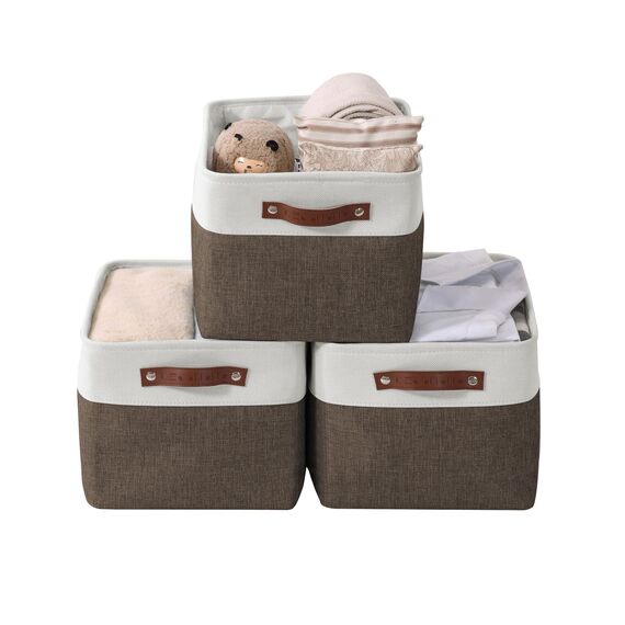 DECOMOMO faltbare Aufbewahrungskorb | robuster Stoffkorb mit Griffen für die Organisation von Regal, Kinderzimmer, Spielzeug, Schrank (Braun und Weiß, groß–3 Stück)