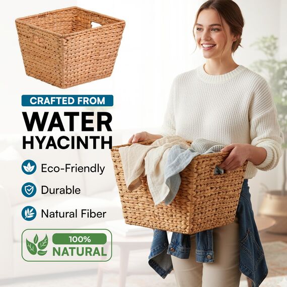 Honey-Can-Do STO-02884 Tall Square Water Hyacinth Basket Bin, Large, 15 L x 15 W x 12 H