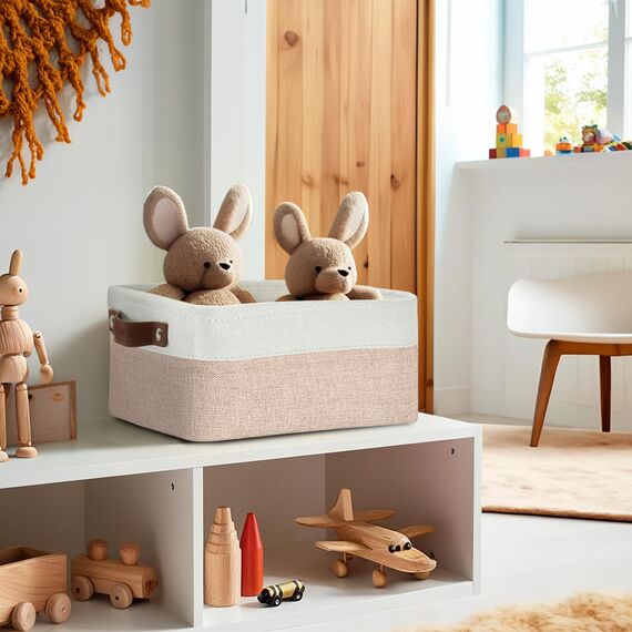 DECOMOMO Faltbarer Aufbewahrungskorb aus robustem kationischem Stoff, würfelförmig, mit Griffen, für die Organisation von Regal, Schrank (beige und weiß, klein – 30 x 20 x 15 cm – 6 Stück)