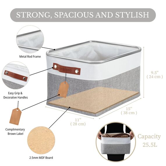 DECOMOMO faltbare Aufbewahrungskorb | robuster Stoffkorb mit Griffen für die Organisation von Regal, Kinderzimmer, Spielzeug, Schrank (Grau und Weiß, groß–4 Stück)