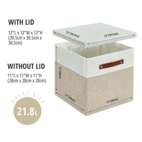DECOMOMO Cube storage baskets | Cloth Storage Cubes with Lids Closet Organizer Cubby Boxes for Shelves Fabric Nursery Decorative Basket with Handles (Beige and White, 11" x 11" x 11")