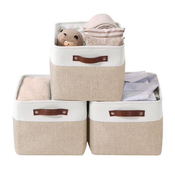 DECOMOMO Faltbarer Aufbewahrungskorb | Faltbarer stabiler Stoffkorb mit Griffen für die Organisation von Regal, Kinderzimmer, Spielzeugschrank (beige und weiß, extra groß – 15,8 x 12,5 x 10–3 Stück)
