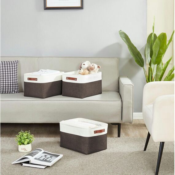 DECOMOMO Faltbarer Aufbewahrungskorb | Faltbarer stabiler Stoffkorb mit Griffen für die Organisation von Regal, Kinderzimmer, Spielzeugschrank (braun und weiß, groß – 4 Stück)