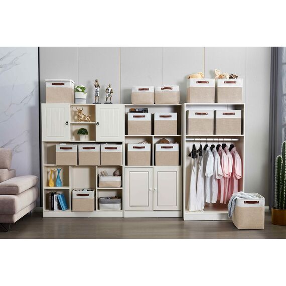 DECOMOMO Cubby Aufbewahrungskörbe | 33 x 38,1 x 33 cm Stoff-Aufbewahrungswürfel für Kallax-Regale, Stoff, Kinderzimmer, dekorativ mit Griffen (beige und weiß, 33 x 38,1 x 33 cm, 3P)